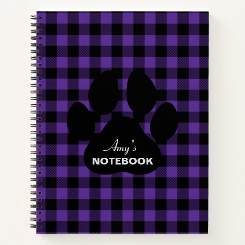 Purple Black Plaid Paw Print Notebook Journal