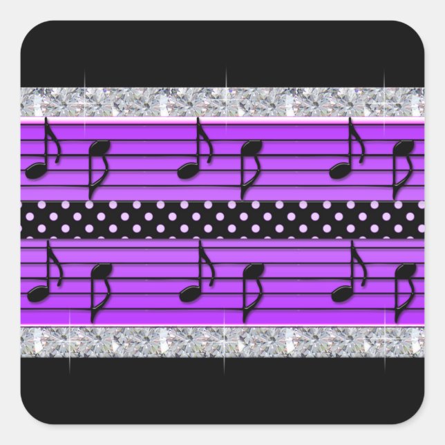 Purple & Black Polka Dot Diamonds & Musical Notes Square Sticker (Front)