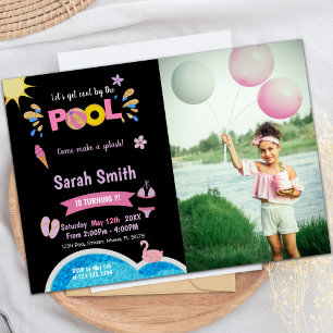Purple Black Pool Birthday Invitations with photo