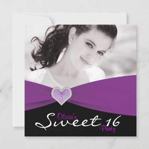 Purple Black Purple Sweet 16 Photo Birthday Party Custom Invites