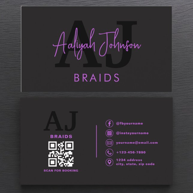 Purple Black QR Code Braids Hair Stylist Business Card (Creator Uploaded)