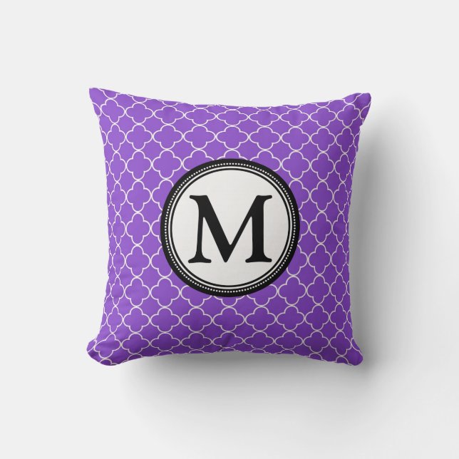 Purple Black Quatrefoil Monogram Decorative Pillow (Front)