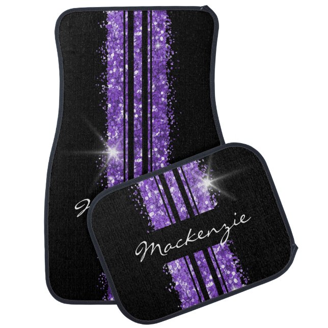 Purple Black Race Stripe Glitter Name Car Floor Mat (Set)