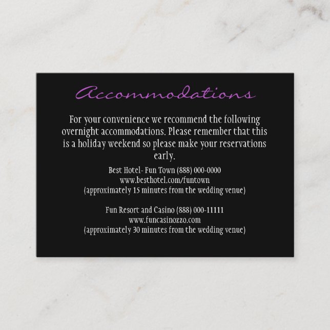 Purple & Black Reception Accommodation Cards (Front)