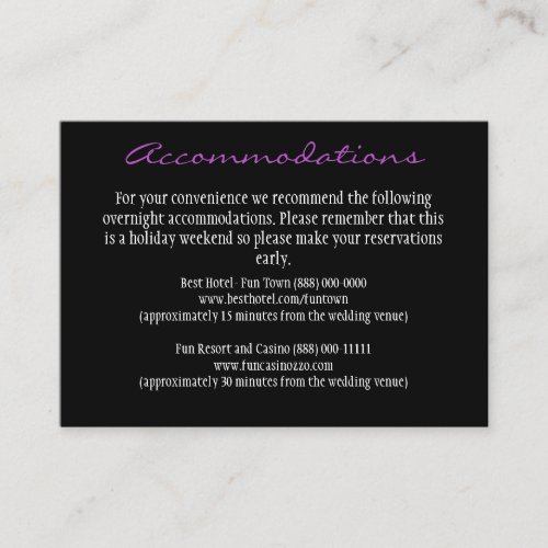 Purple &amp; Black Reception Accommodation Cards Business Card Templates
