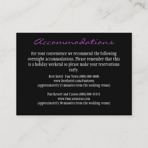 Customizable Purple & Black Reception Accommodation Cards Business Card Templates