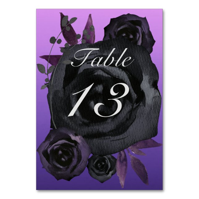 Purple Black Rose Goth Wedding Table Number (Front)