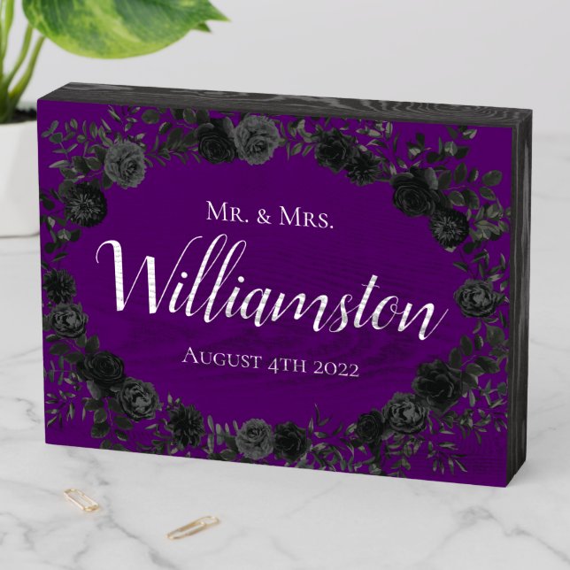 Purple Black Rose Gothic Wedding Elegant Wooden Box Sign (In Situ Horizontal)