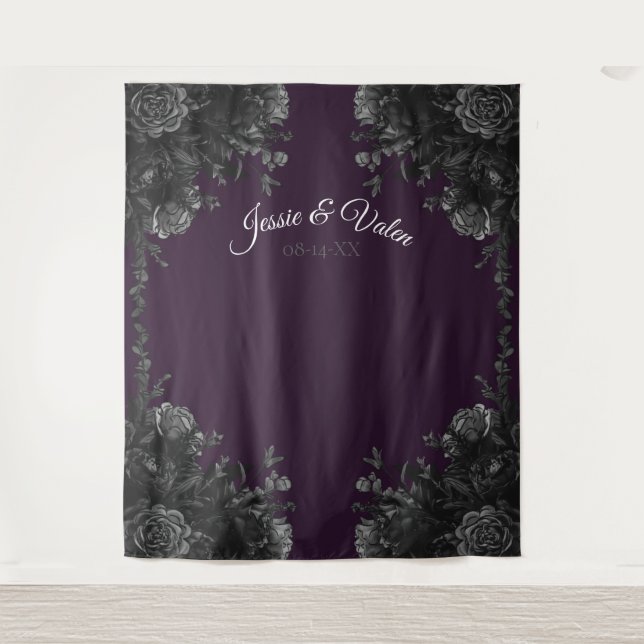 Purple Black Rose Gothic Wedding Photo Backdrop (Front)
