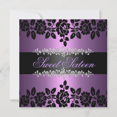 Purple &amp; Black Rose Sweet 16 Birthday Invitation