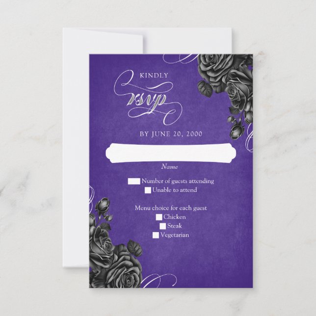 Purple Black Roses Gothic Wedding RSVP Card (Front)