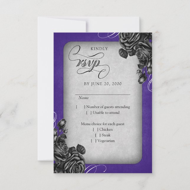 Purple Black Roses Gothic Wedding RSVP Card (Front)