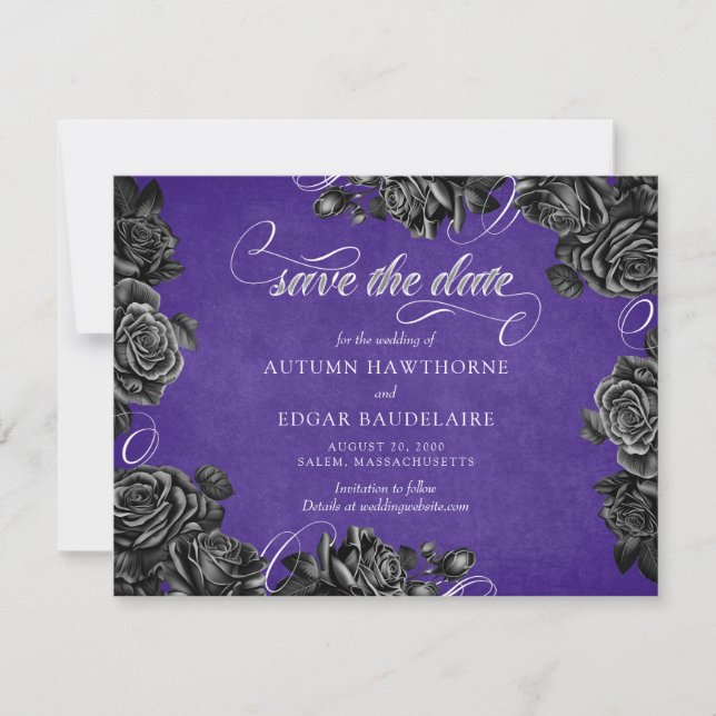 Purple Black Roses Gothic Wedding Save The Date (Front)