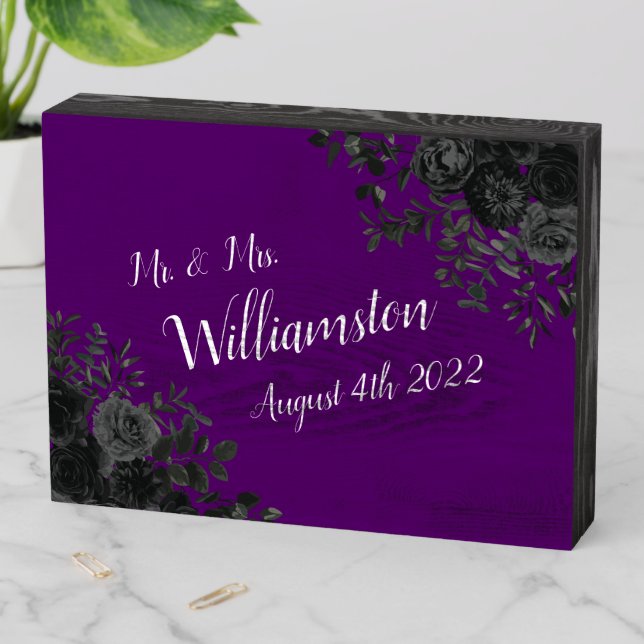 Purple Black Roses Wedding  Wooden Box Sign (In Situ Horizontal)
