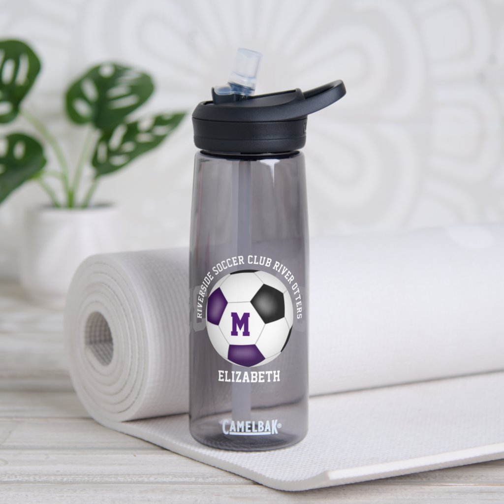 Purple black school club colors custom soccer water bottle