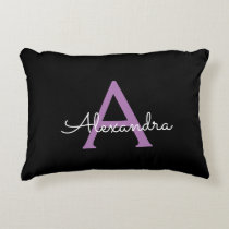 Purple Black Script Girly Monogram Name Accent Pillow