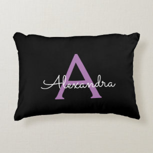 Purple Black Script Girly Monogram Name Accent Pillow