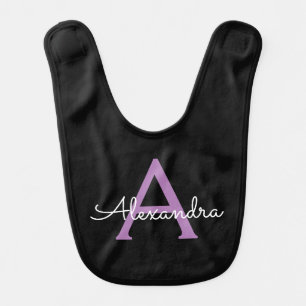 Purple Black Script Girly Monogram Name Baby Bib
