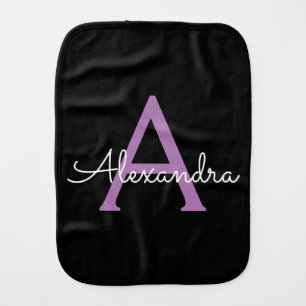 Purple Black Script Girly Monogram Name Baby Burp Cloth