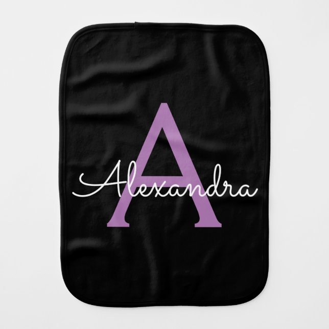 Purple Black Script Girly Monogram Name Baby Burp Cloth (Front)