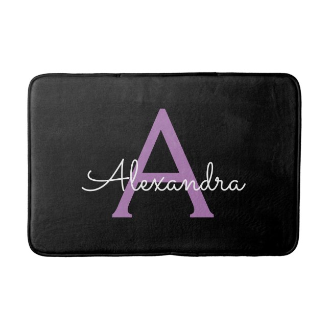 Purple Black Script Girly Monogram Name Bath Mat (Front)
