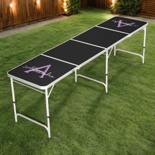 Purple Black Script Girly Monogram Name Beer Pong Table