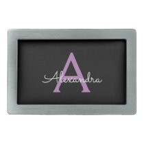 Purple Black Script Girly Monogram Name Belt Buckle