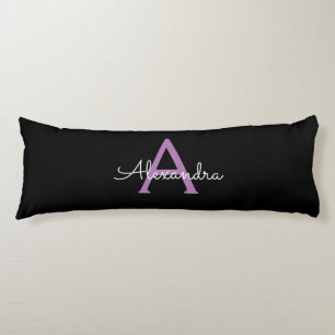 Purple Black Script Girly Monogram Name Body Pillow