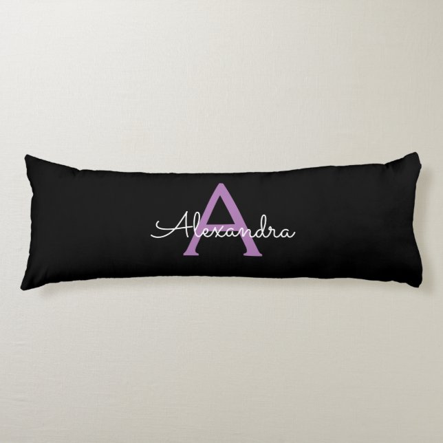 Purple Black Script Girly Monogram Name Body Pillow (Front)