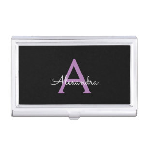 Purple Black Script Girly Monogram Name Business Card Case