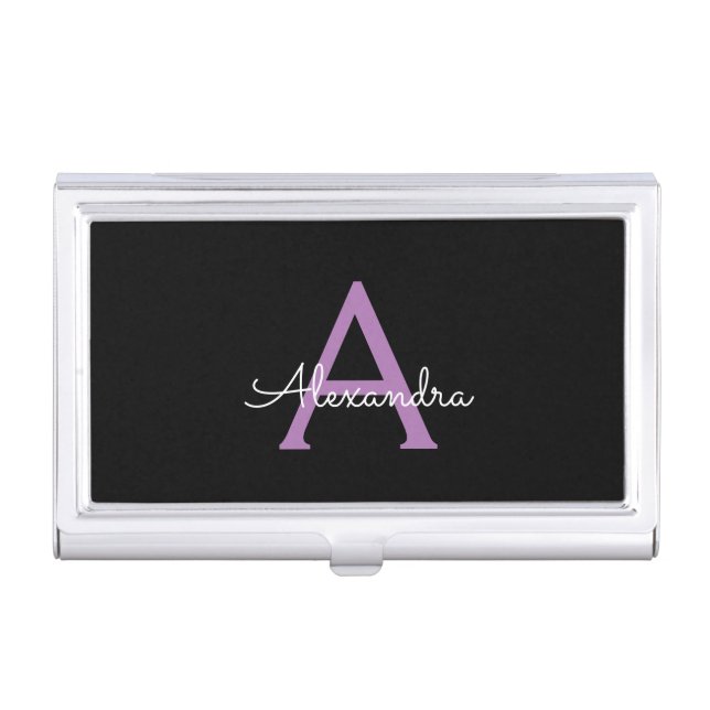Purple Black Script Girly Monogram Name Business Card Case (Front)