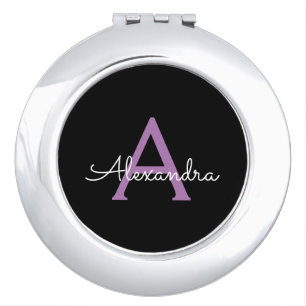 Purple Black Script Girly Monogram Name Compact Mirror