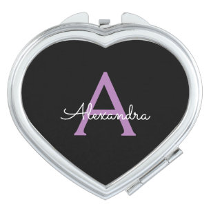 Purple Black Script Girly Monogram Name Compact Mirror