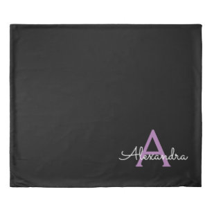 Purple Black Script Girly Monogram Name Duvet Cover