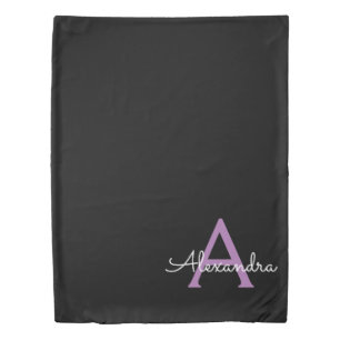 Purple Black Script Girly Monogram Name Duvet Cover