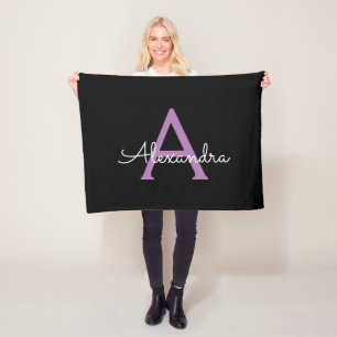 Purple Black Script Girly Monogram Name Fleece Blanket