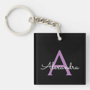 Purple Black Script Girly Monogram Name Keychain
