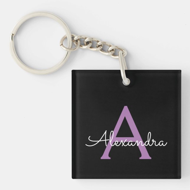 Purple Black Script Girly Monogram Name Keychain (Front)