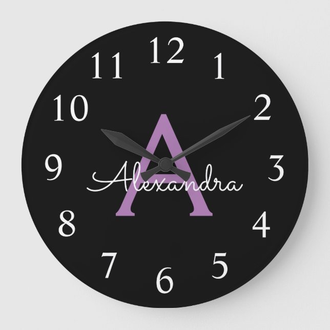 Purple Black Script Girly Monogram Name Large Clock (Front)