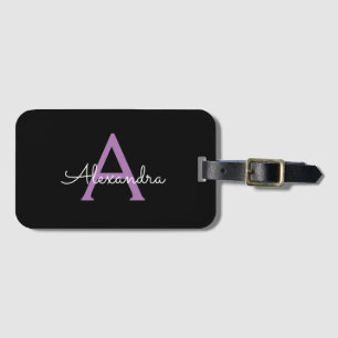 Purple Black Script Girly Monogram Name Luggage Tag