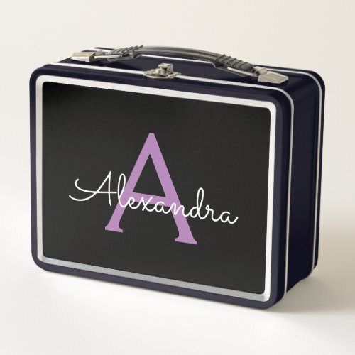 Purple Black Script Girly Monogram Name Metal Lunch Box