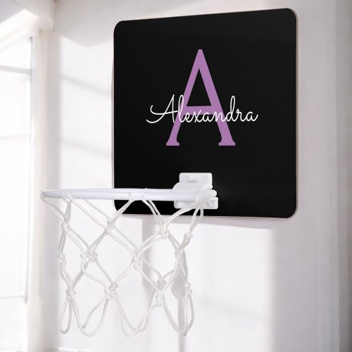 Purple Black Script Girly Monogram Name Mini Basketball Hoop