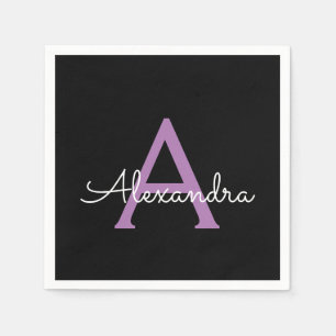 Purple Black Script Girly Monogram Name Napkins