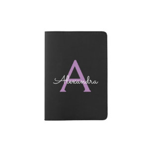 Purple Black Script Girly Monogram Name Passport Holder