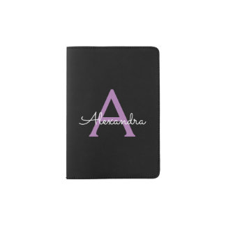 Purple Black Script Girly Monogram Name Passport Holder