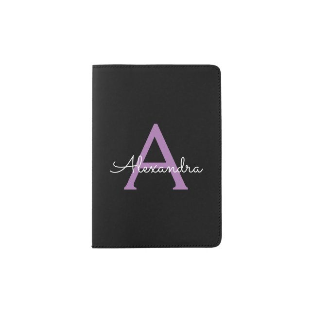 Purple Black Script Girly Monogram Name Passport Holder (Front)