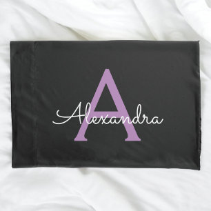 Purple Black Script Girly Monogram Name Pillow Case
