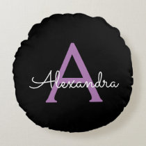 Purple Black Script Girly Monogram Name Round Pillow