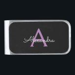 Purple Black Script Girly Monogram Name Silver Finish Money Clip<br><div class="desc">Purple and Black Simple Script Monogram Name Money Clip. This makes the perfect graduation,  sweet 16 birthday,  wedding,  bridal shower,  anniversary,  baby shower or bachelorette party gift for someone that loves glam luxury and chic styles.</div>
