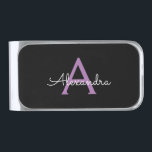 Purple Black Script Girly Monogram Name Silver Finish Money Clip<br><div class="desc">Purple and Black Simple Script Monogram Name Money Clip. This makes the perfect graduation,  sweet 16 birthday,  wedding,  bridal shower,  anniversary,  baby shower or bachelorette party gift for someone that loves glam luxury and chic styles.</div>